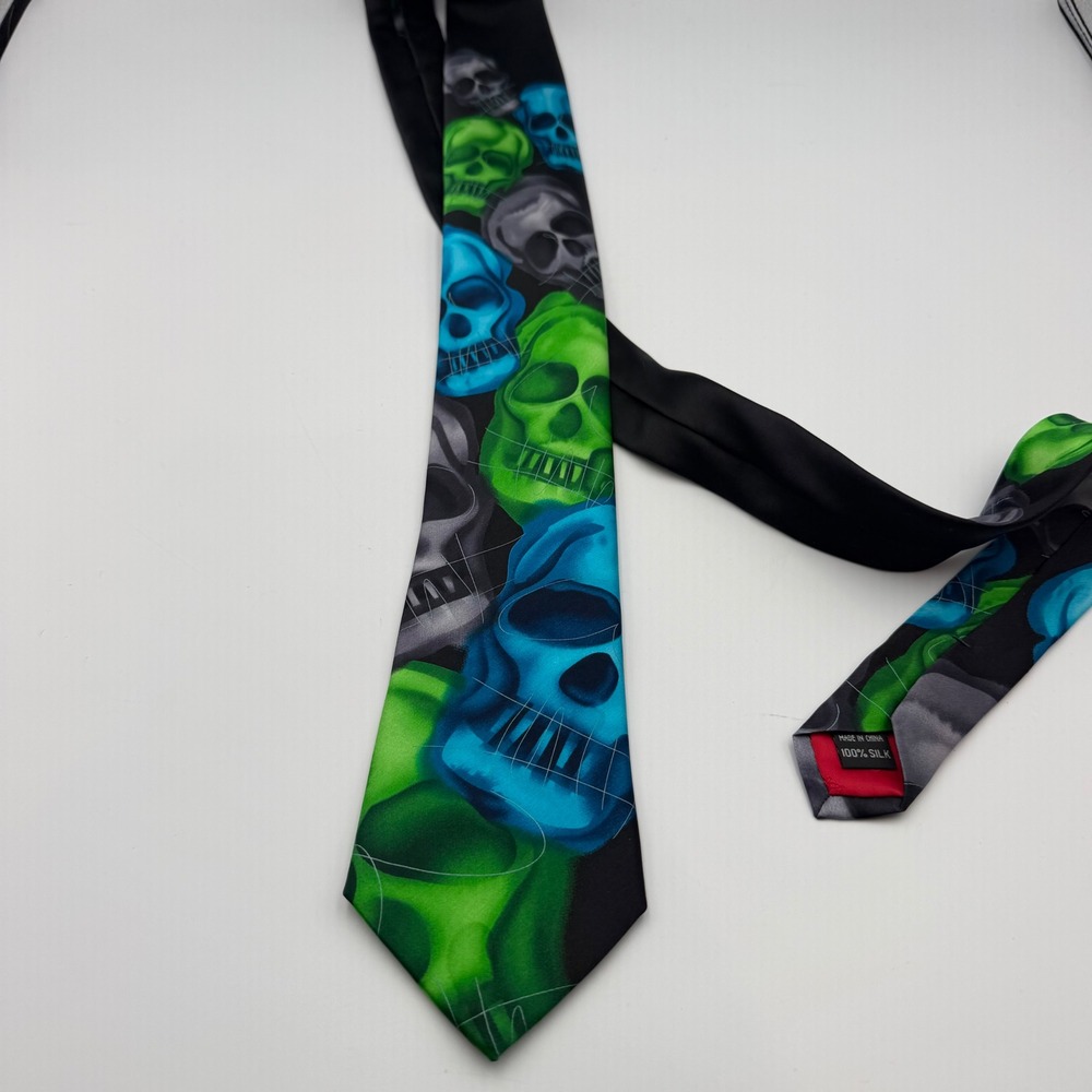 Jerry Garcia Plague Entity Collection 62 Silk Tie Blue Green Skull Grateful Dead